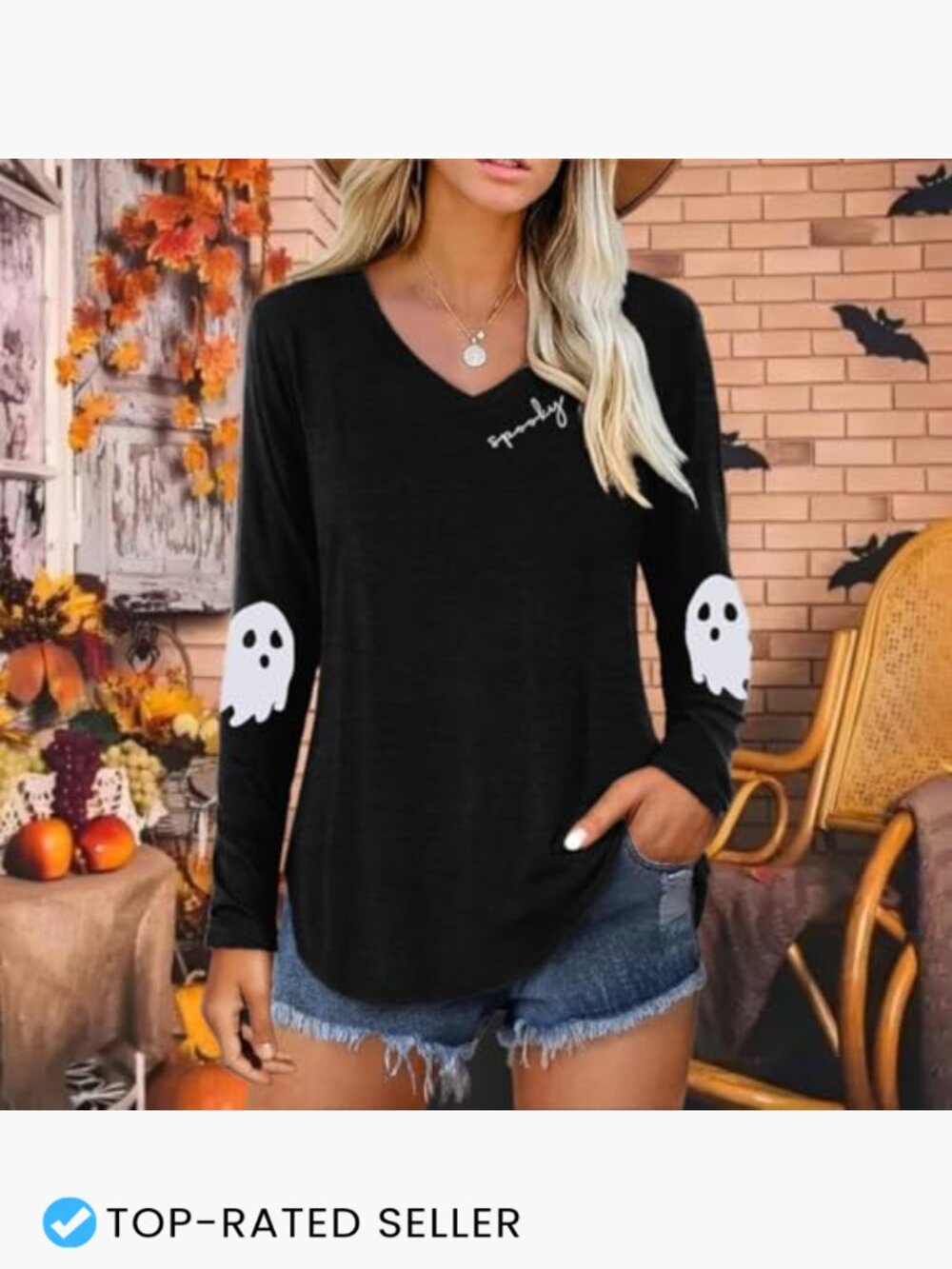 Womens Halloween Ghost Graphic V Neck Long Sleeve Shirt Fall Thanksgiving Tee - Picture 2 of 7